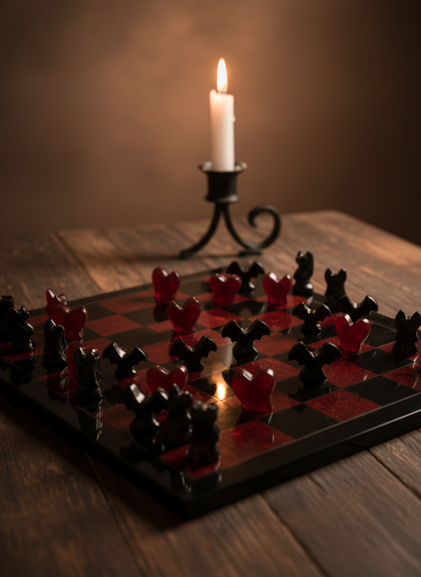 A polished obsidian chessboard occupies the center of a dark wooden table, its pieces carved as tiny abstract bats and hearts instead of traditional kings and queens. Some pieces are grouped in unconventional formations, suggesting creative strategies and open rules. A single white pillar candle in a black iron holder burns in the background, its flame reflecting off the glossy black and red squares. Moody, low‑key lighting from the candle and a faint overhead glow creates long, theatrical shadows. Captured in photographic realism with a cinematic, low‑angle close‑up and shallow depth of field, the image feels playful, seductive, and strategic—symbolizing negotiated dynamics in ethical nonmonogamy.