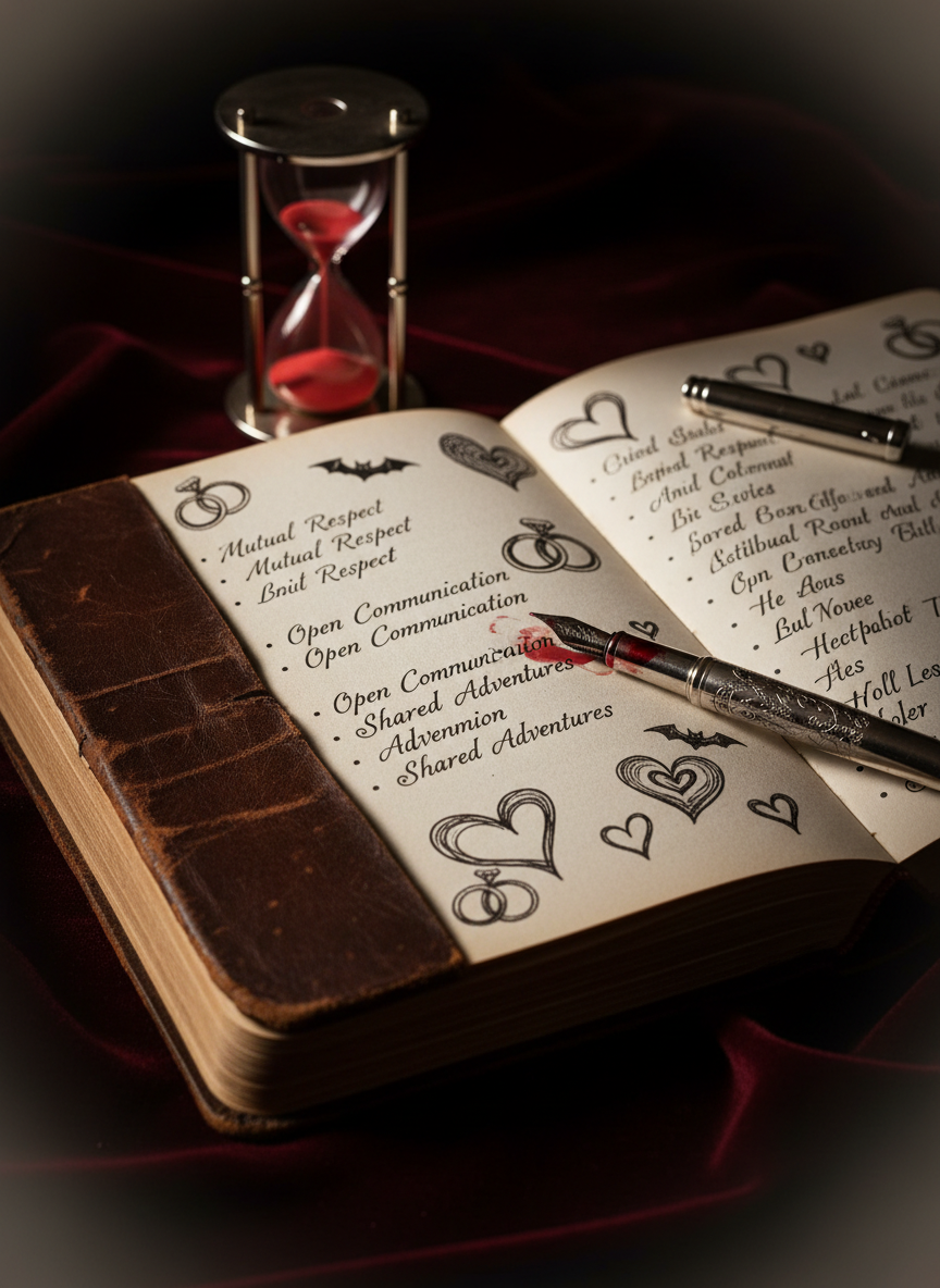 An antique leather‑bound journal lies open on rich burgundy velvet, its cream pages filled with neatly handwritten relationship agreements and playful doodles of interlocking rings, bats, and hearts. Beside it, a vintage silver fountain pen with a blood‑red ink stain rests diagonally across the margin. A small crystal hourglass slowly spilling crimson sand glows in the background. Soft studio lighting from the left creates dramatic side shadows and highlights the textures of leather, paper, and fabric. Shot from a slightly elevated angle in photographic realism, with a gentle vignette, the atmosphere feels thoughtful, intimate, and inviting—suggesting intentional, ethical connection without showing any human figures.