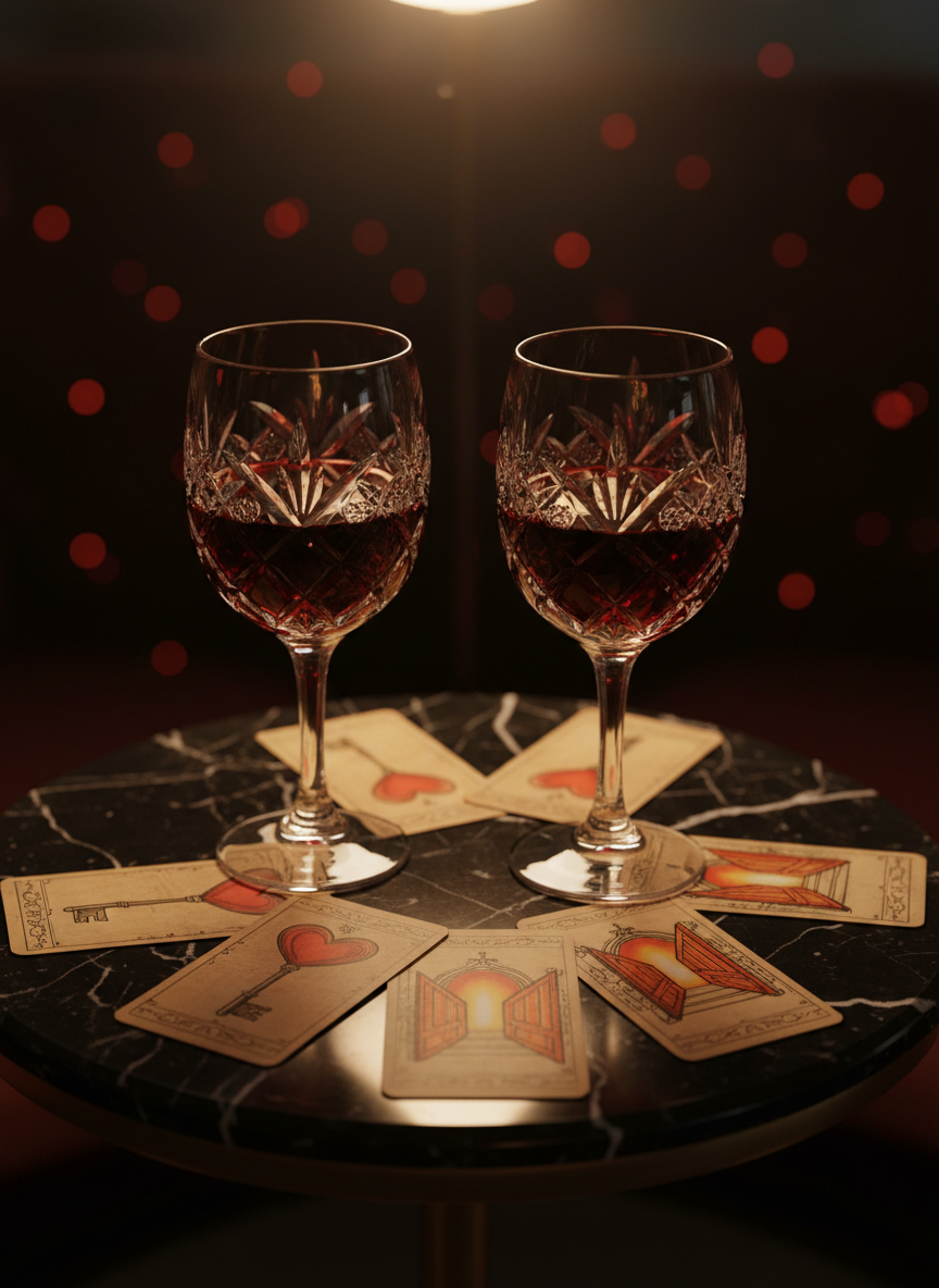 A pair of ornate crystal wine glasses filled with deep crimson liquid, their facets catching the light like tiny rubies, rest on a round black marble table. Around them, a semicircle of overlapping, dog‑eared tarot cards shows symbols of hearts, keys, and open doors. Soft, warm lamplight from an unseen source above creates a golden halo on the marble and gentle reflections in the glasses, while the background dissolves into velvety darkness with subtle red bokeh. Photographic realism at eye level, with a shallow depth of field, evokes an intimate, playful, and slightly mysterious mood that hints at ethical nonmonogamy through symbolic imagery rather than people.