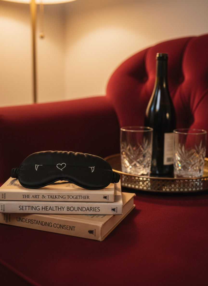 A sleek black satin sleep mask embroidered with tiny silver fangs and intertwined hearts rests atop a stack of well‑worn relationship books on a deep red velvet chaise. Visible titles on the spines reference communication, boundaries, and consent, rendered in tasteful, generic typography. A translucent dark wine bottle and two empty cut‑crystal tumblers sit on a nearby mirrored tray, catching prismatic highlights from a warm, golden floor lamp just off frame. Photographic realism with soft, diffused evening lighting creates subtle reflections and gentle shadows. Shot at a three‑quarter angle with the sleep mask in crisp foreground focus and the books receding into soft blur, the mood is cozy, sensual, and intellectually curious.