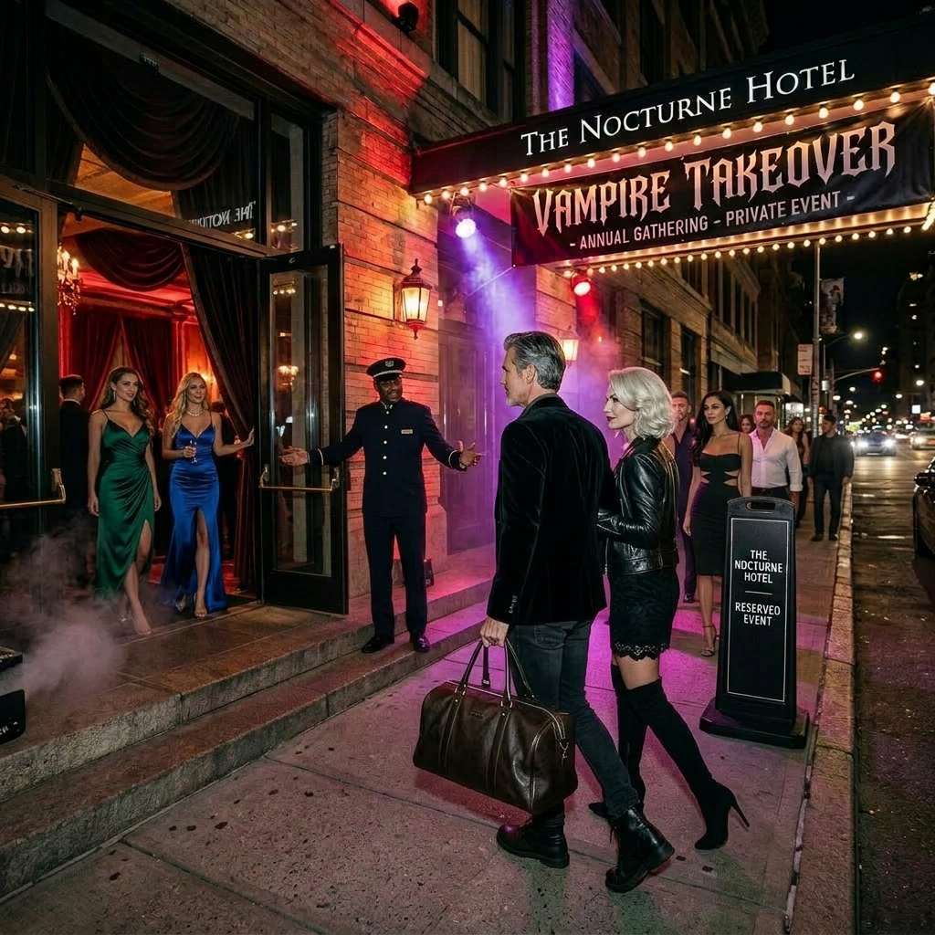 Couple walking out of The Nocturne Hotel during Vampire Takeover event
